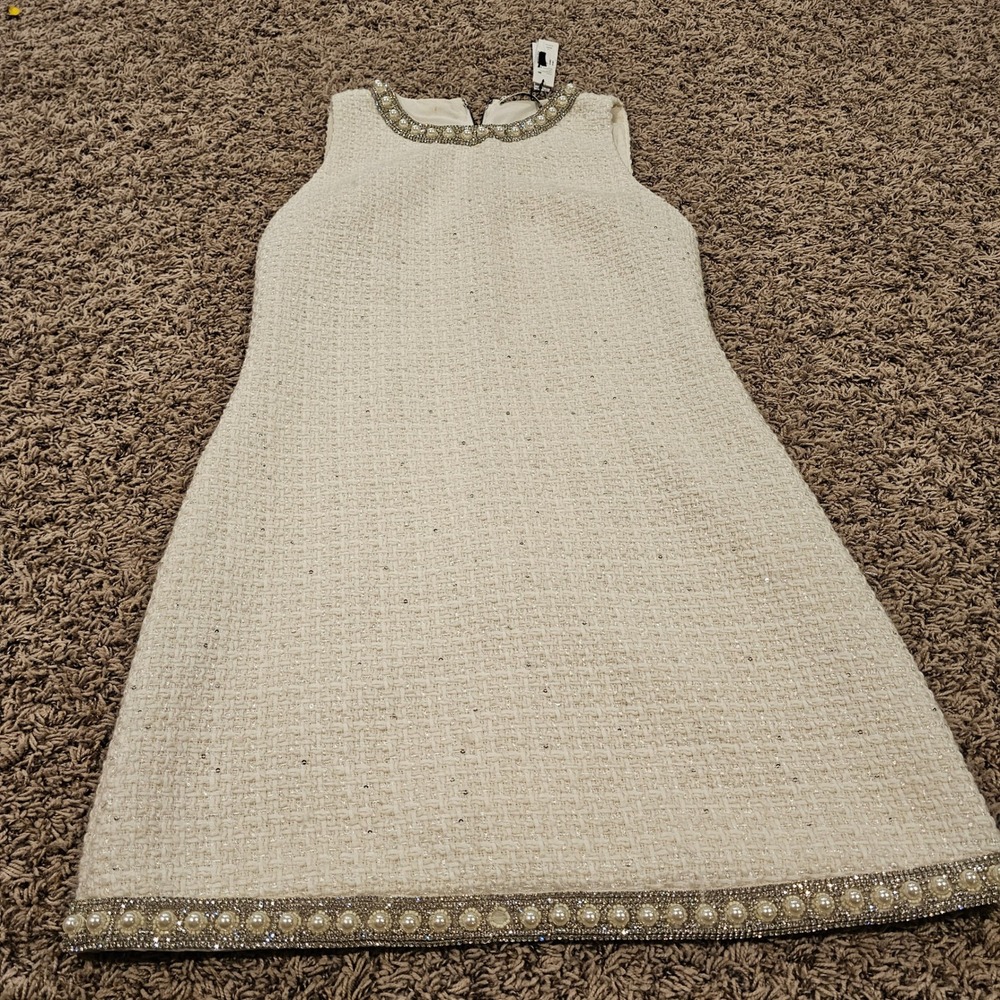 Alice + Olivia Coley Off White Pearl Rhinestone Tweed Shift Dress Size 10
